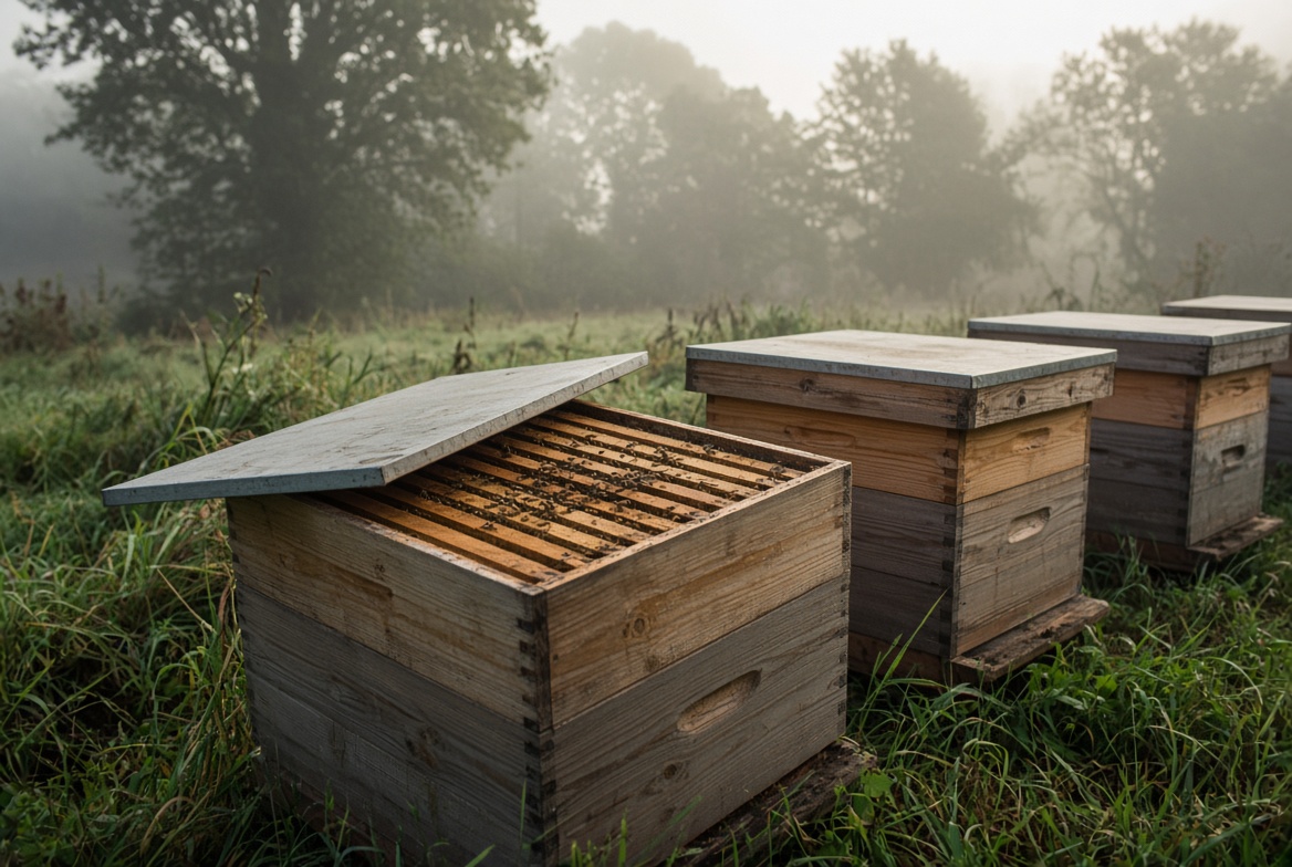 Open hive boxes in a countryside apiary