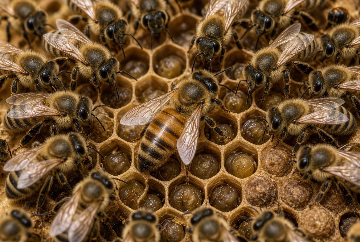 Queen bee on comb surrounded by workers