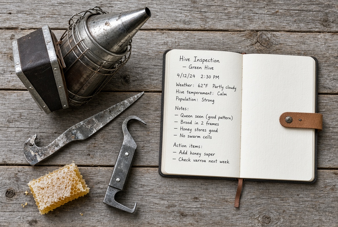 Smoker, hive tools and inspection notebook on wood